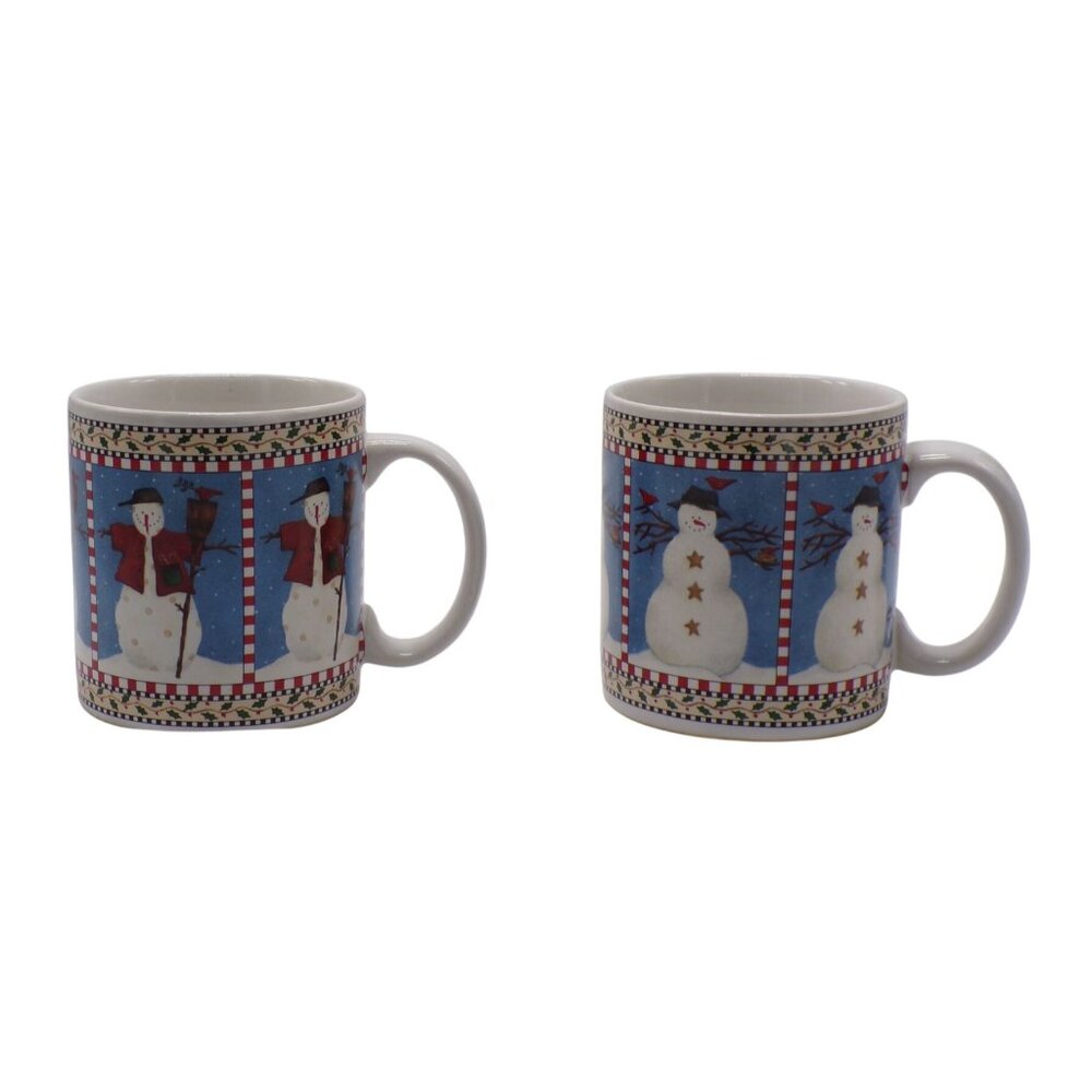 Sakura Debbie Mumm 1997 SNOWMAN Blue & White Winter Scene (2) Stoneware Mugs